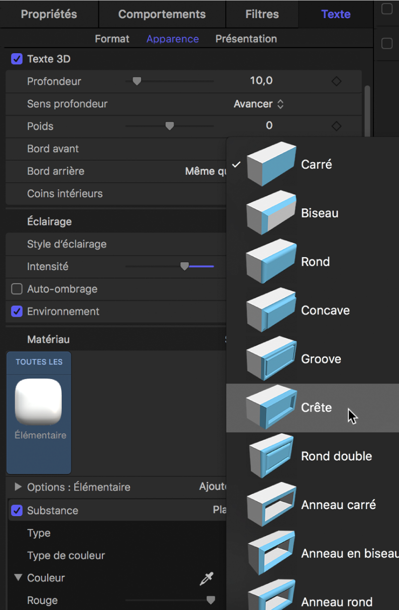 Inspecteur affichant des options de forme Bord avant du texte 3D