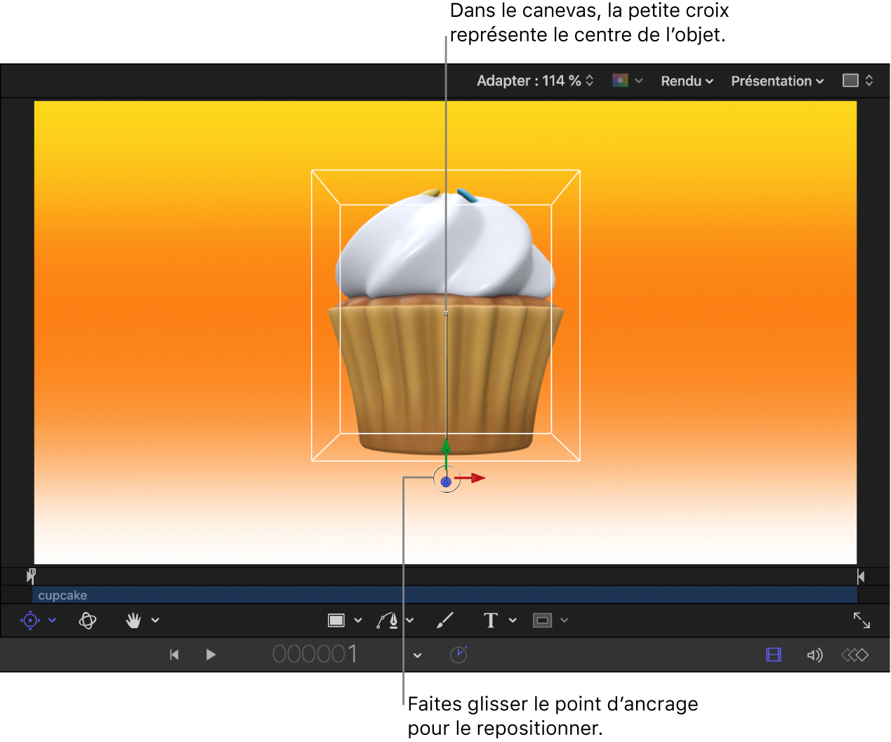 Canevas affichant le point d’ancrage de décalage de l’objet 3D, le point central de l’objet et les commandes à l’écran Point d’ancrage