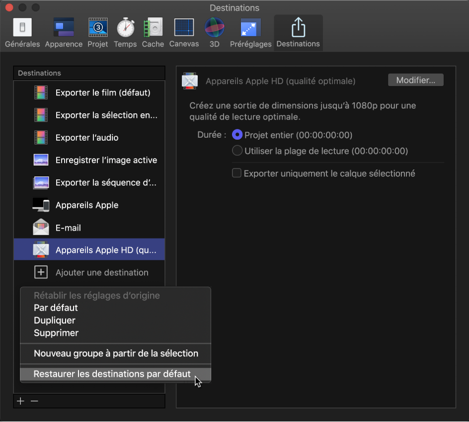 Fenêtre Réglages de Motion affichant l’option « Restaurer les destinations par défaut » dans le menu de raccourcis de la fenêtre Destinations