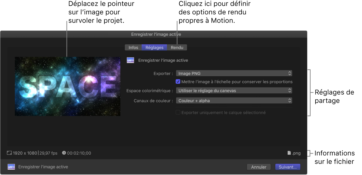 Sous-fenêtre Réglages de la fenêtre Enregistrer l’image active