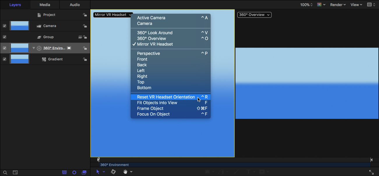 캔버스의 카메라 메뉴에서 VR 헤드셋 방향 재설정 선택