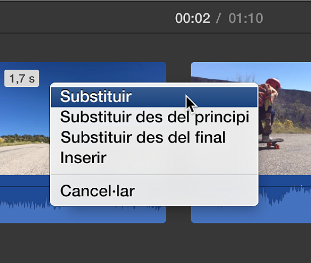 Menú de la línia de temps que mostra les opcions de substitució de clip