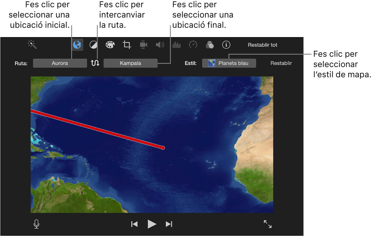 Controls de mapa de viatge animat sobre el visor per ajustar la ubicació inicial i la ubicació final, intercanviar la direcció de la ruta i seleccionar d’estil de mapa