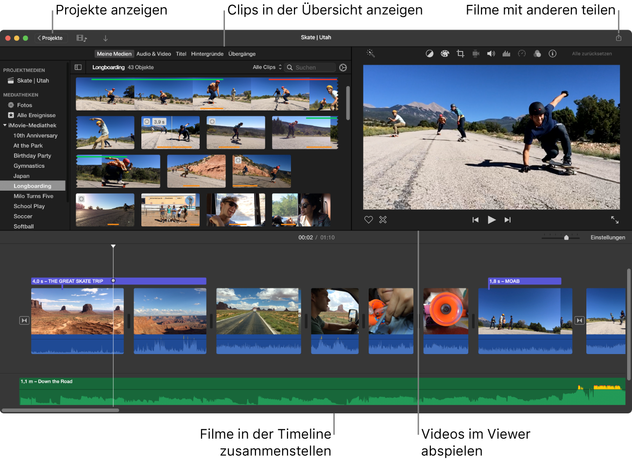 iMovie-Hauptfenster, das die Übersicht oben links, den Viewer unten rechts und die Timeline am unteren Bildschirmrand unten zeigt.