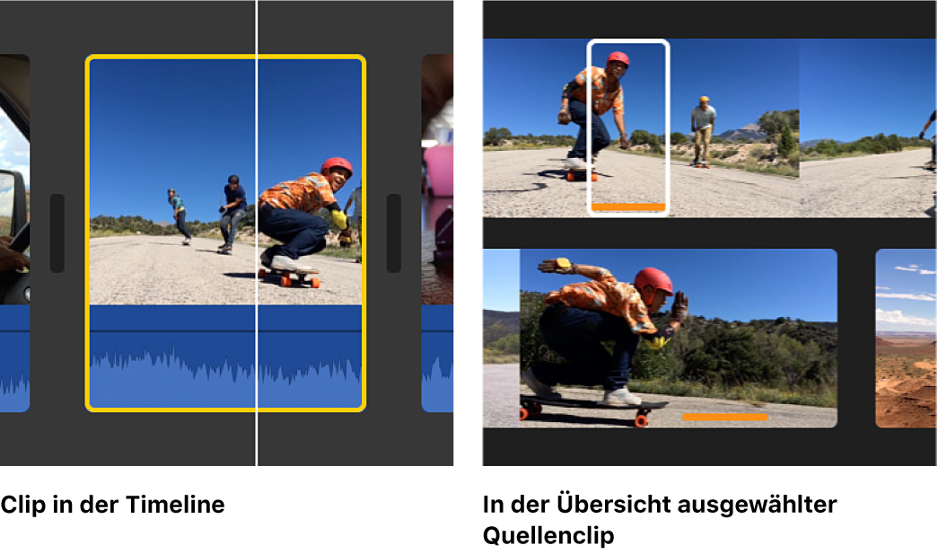 Die Abbildung links zeigt einen in der Timeline ausgewählten Clip, die Abbildung rechts zeigt die Übersicht mit dem ausgewählten Clipbereich und den korrespondierenden Clipgrenzen in der Timeline