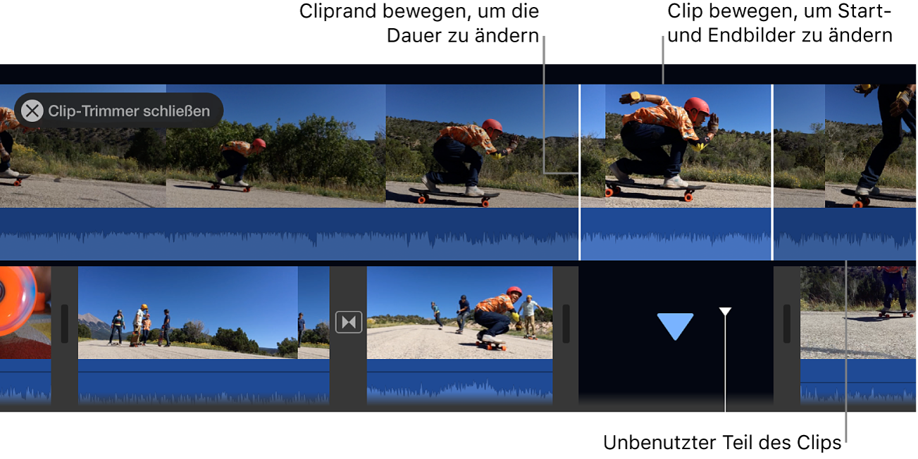 In der Timeline geöffneter Clip-Trimmer mit eingeblendeten Cliprändern und dem nicht benutzten abgedunkelten Bereich des Clips