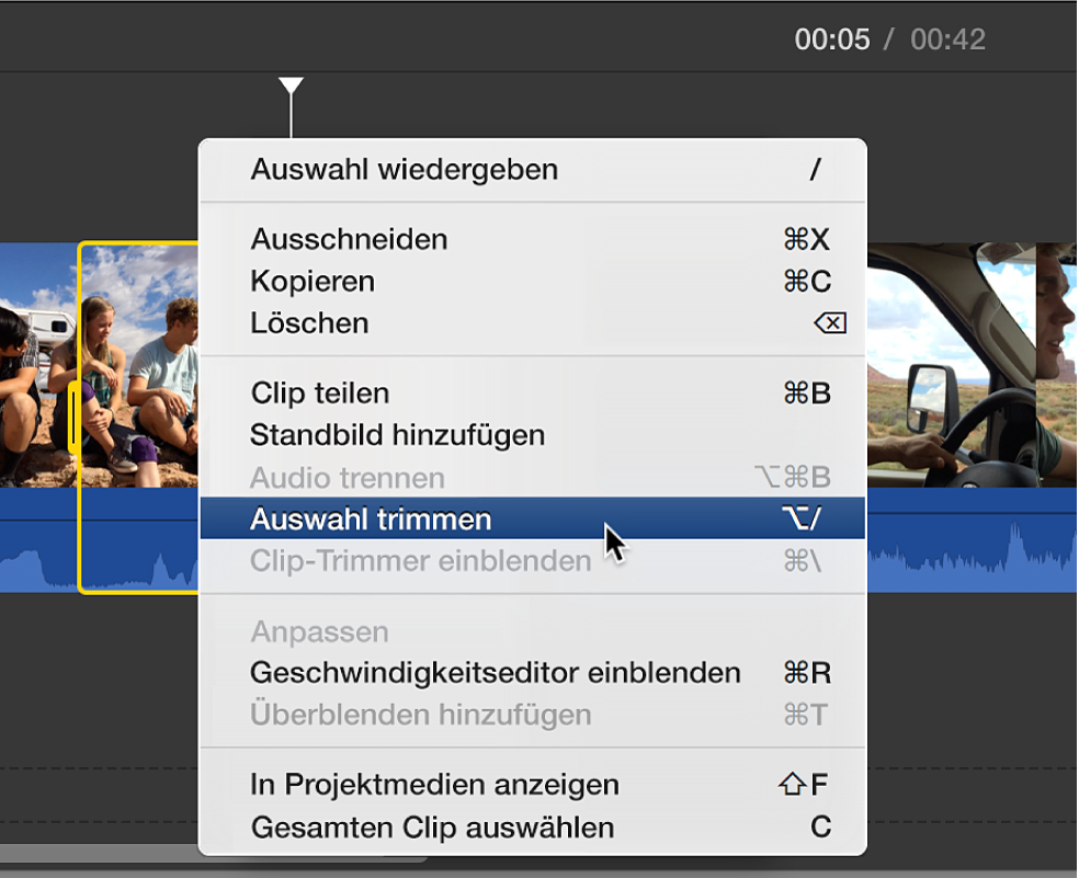 Option „Auswahl trimmen“ im Kontextmenü in der Timeline