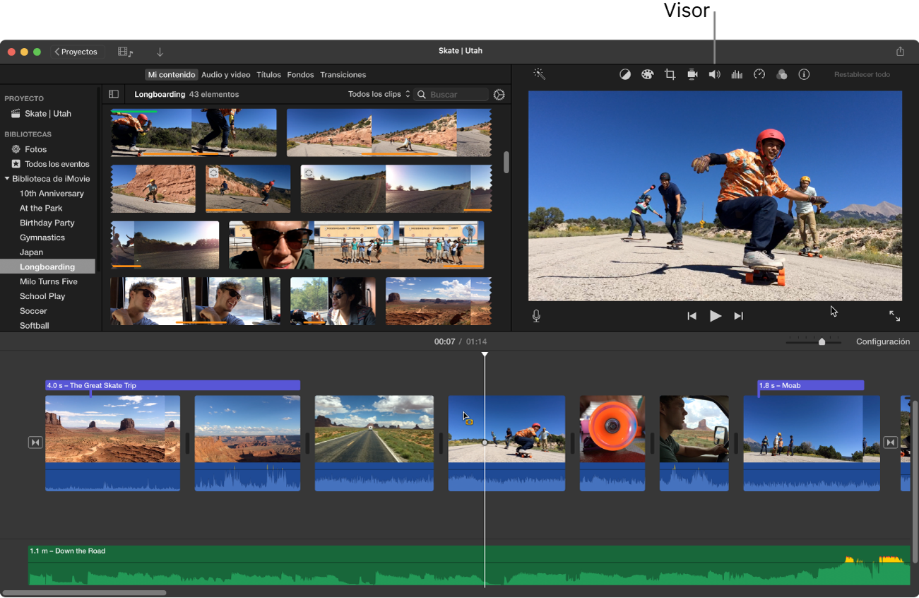 Ventana principal de iMovie con el visor a la derecha, encima de la línea de tiempo