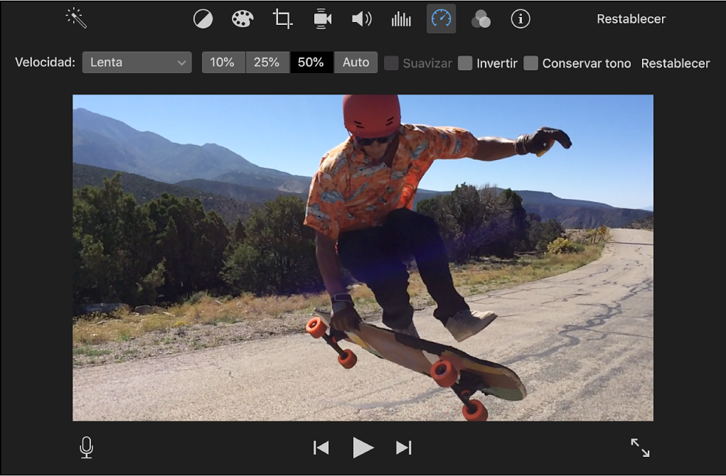 Controles de velocidad encima de un clip en el visor