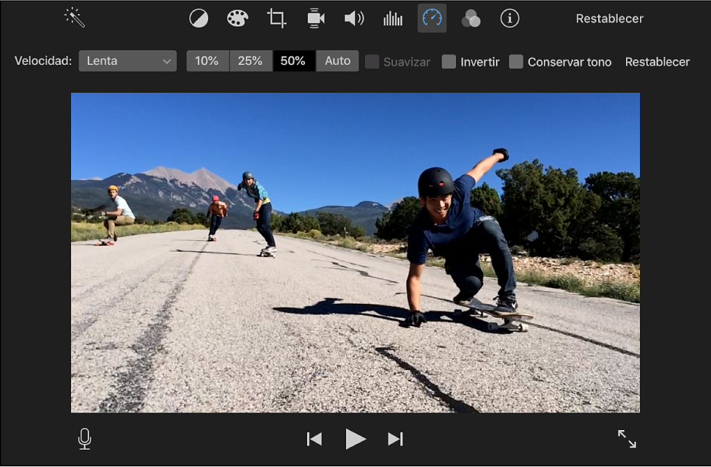 Controles de velocidad encima de un clip en el visor