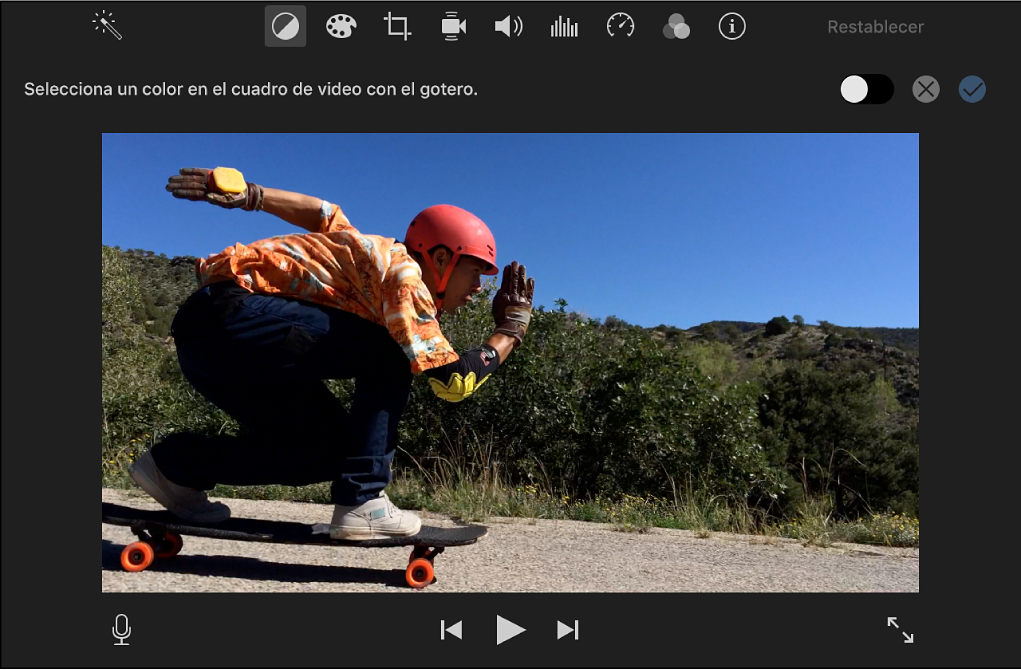 Clip en el visor, con instrucciones encima para seleccionar un color del clip utilizando el gotero