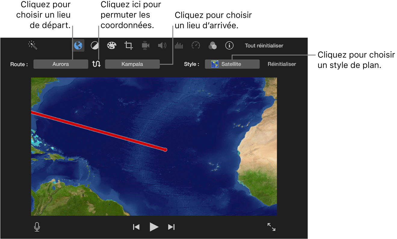 Commandes de carte de voyage animée au-dessus du visualiseur, permettant de définir le point de début et de fin, modifier l’itinéraire et choisir le style de plan