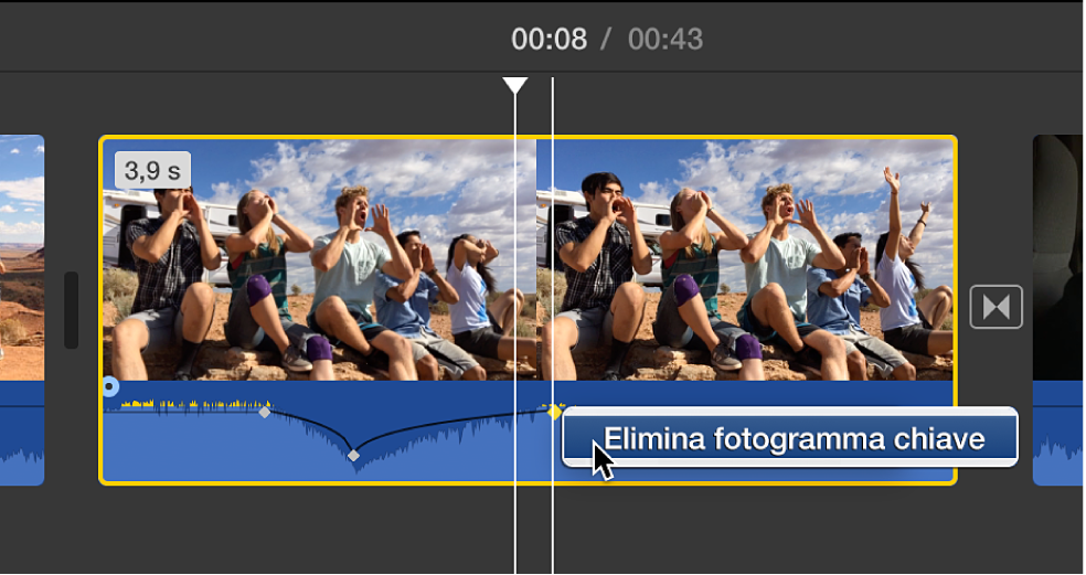 Fotogrammi audio chiave mentre vengono eliminati nella timeline