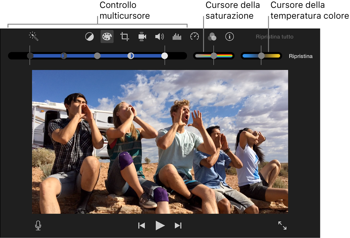 I controlli di correzione colore, compresi il controllo a cursore multiplo, il cursore per la saturazione e il cursore per la temperatura del colore
