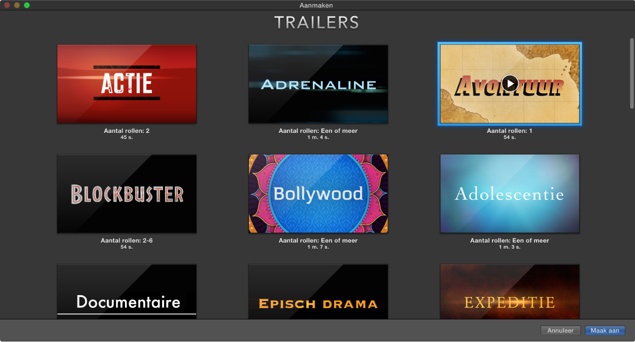 Het venster 'Maak aan' met voorvertoningen van trailers