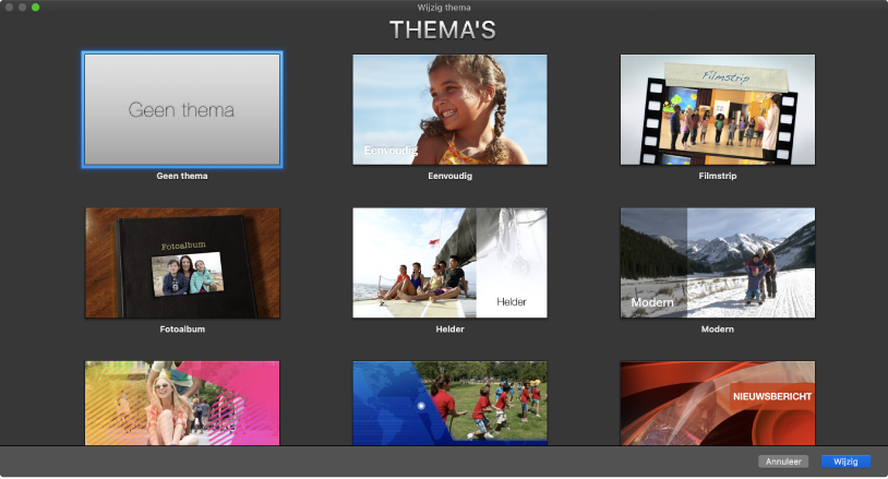 Het venster 'Wijzig thema' met miniaturen van filmthema's