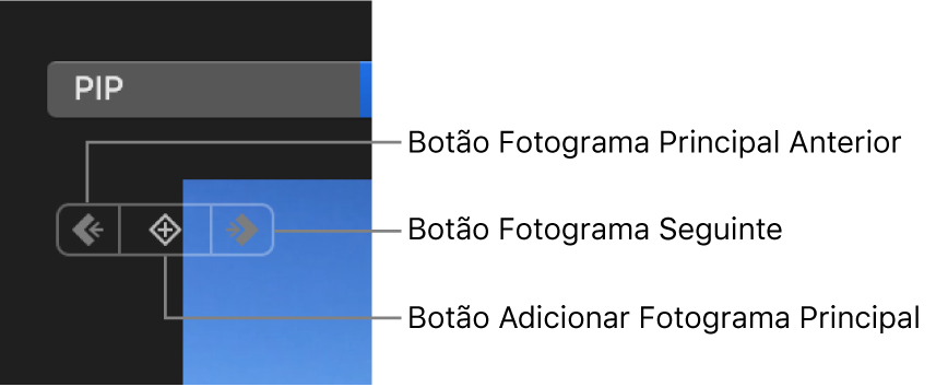 Botões Fotograma Principal Anterior, Fotograma Principal Seguinte e Apagar Fotograma Principal no visualizador