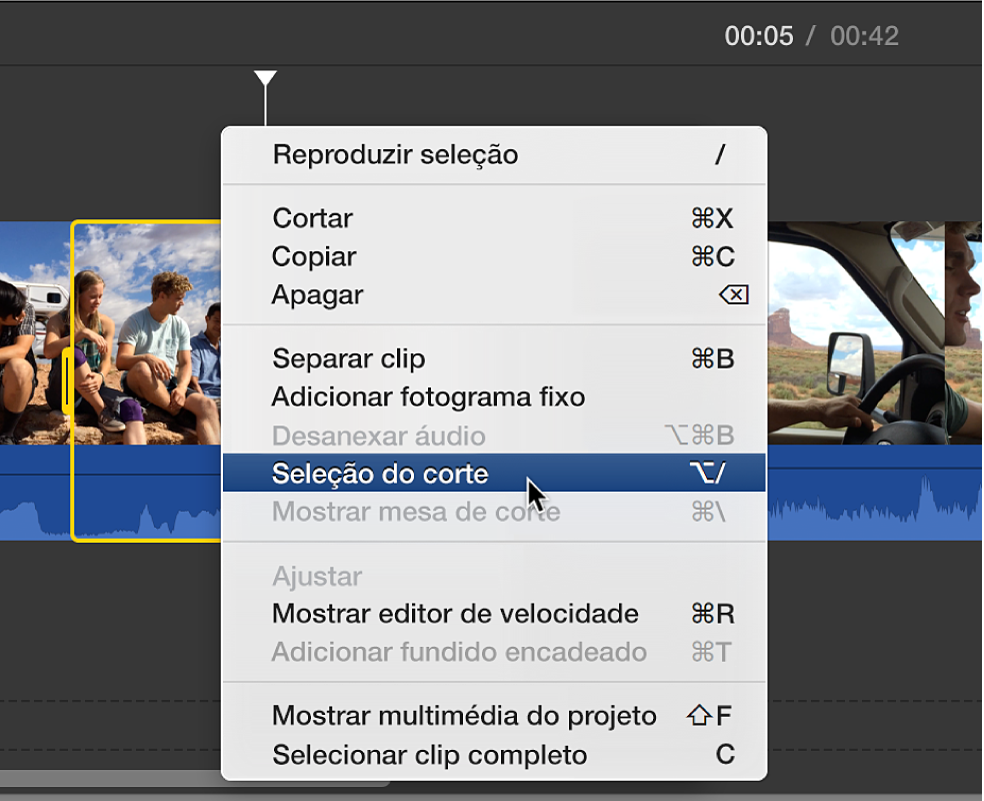 Opção “Seleção do corte” a ser escolhida no menu de atalhos no cronograma