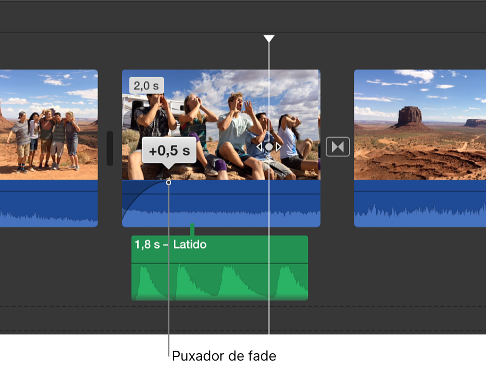 Puxador Fade na parte de áudio de um clip no cronograma