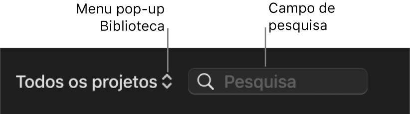 Menu pop-up Biblioteca e o campo de pesquisa
