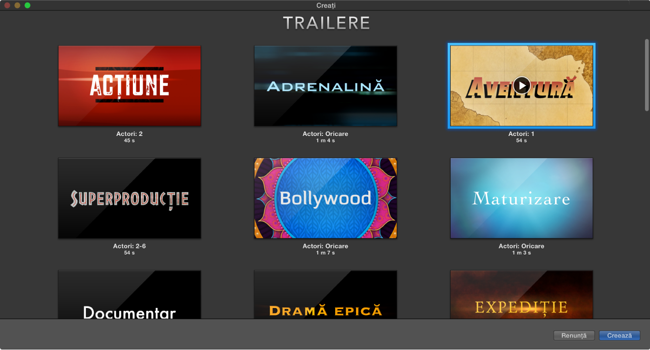 Fereastră Creează afișând previzualizările trailerului