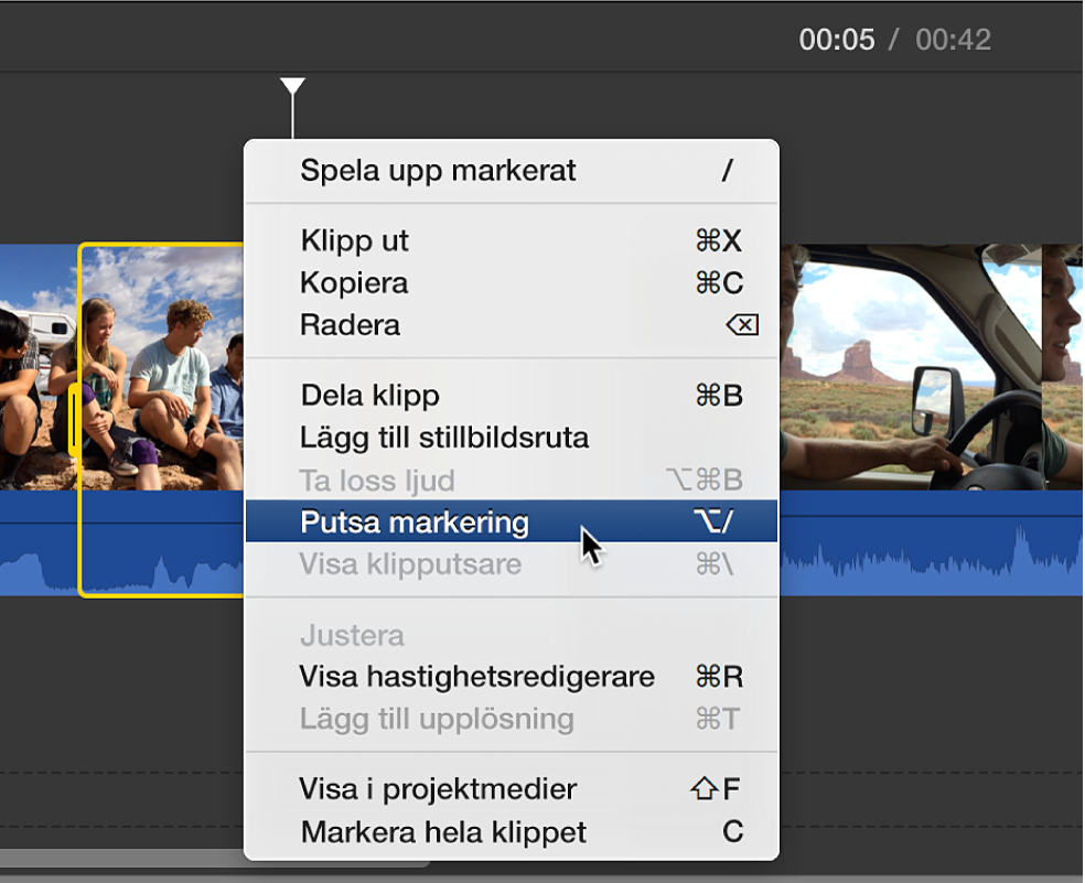 Putsa markering som väljs från kontextmenyn i tidslinjen