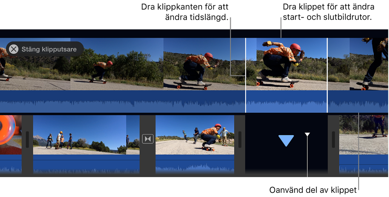 Klipputsaren öppen i tidslinjen, med synliga klippkanter och oanvänd del av klipp nedtonat