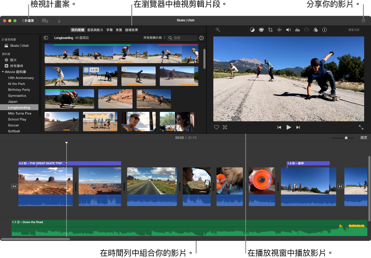 iMovie 主視窗，左上方顯示瀏覽器，右上方顯示播放視窗，而時間列位於底部