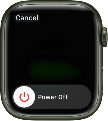 The Apple Watch screen showing the Power Off slider. Drag the slider to turn off Apple Watch.