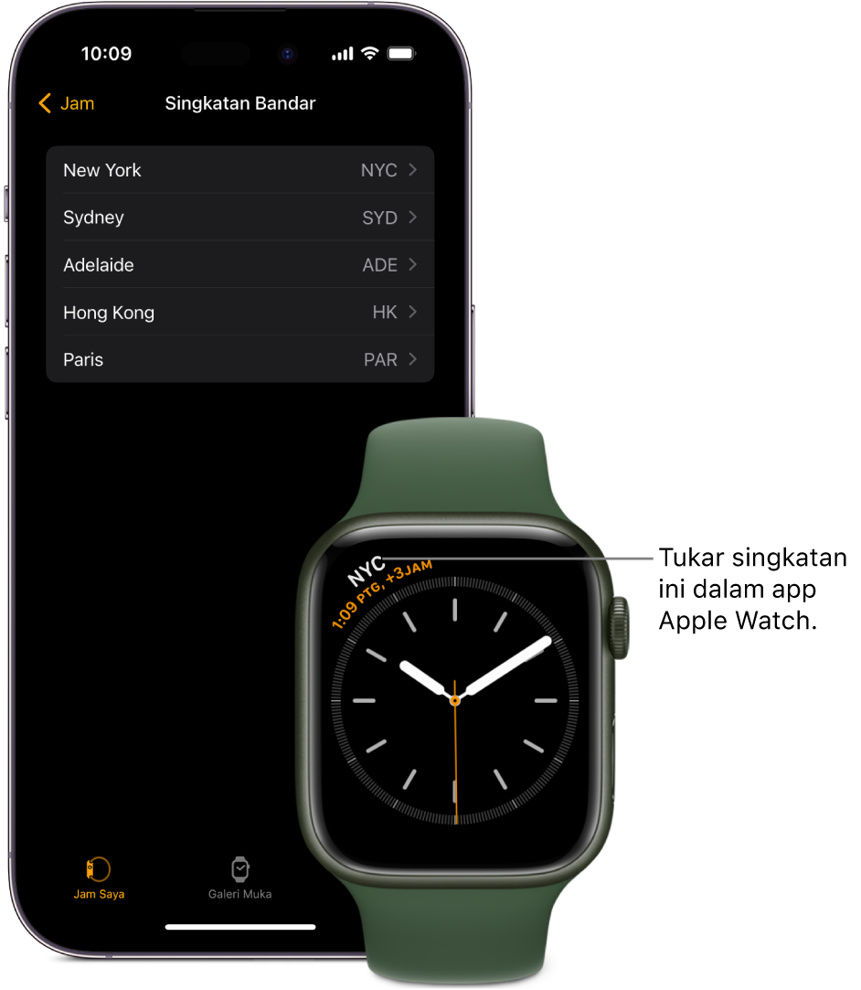 iPhone dan Apple Watch, bersebelahan. Skrin Apple Watch menunjukkan waktu di Kuala Lumpur, menggunakan singkatan KUL. Skrin iPhone menunjukkan senarai bandar dalam seting Jam dalam app Apple Watch.