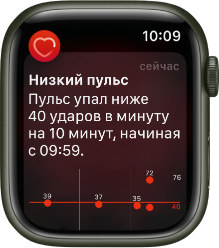 Экран «Низкий пульс» с уведомлением о том, что Ваш пульс находится в значениях ниже 40 ударов в минуту в течение 10 минут.