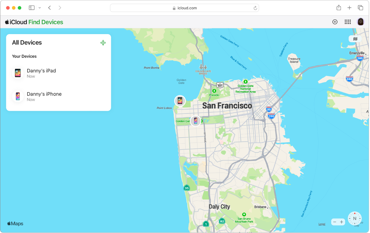 Find Devices on iCloud.com open in Safari on a Mac. The locations of two devices are shown on a map of San Francisco.