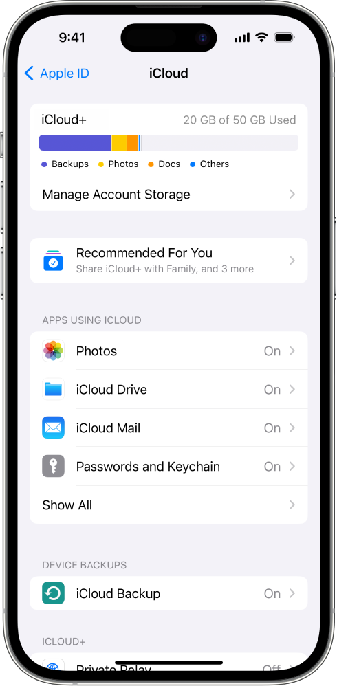 หน้าจอ "การตั้งค่า" ที่มีการเปิดใช้คุณสมบัติ iCloud