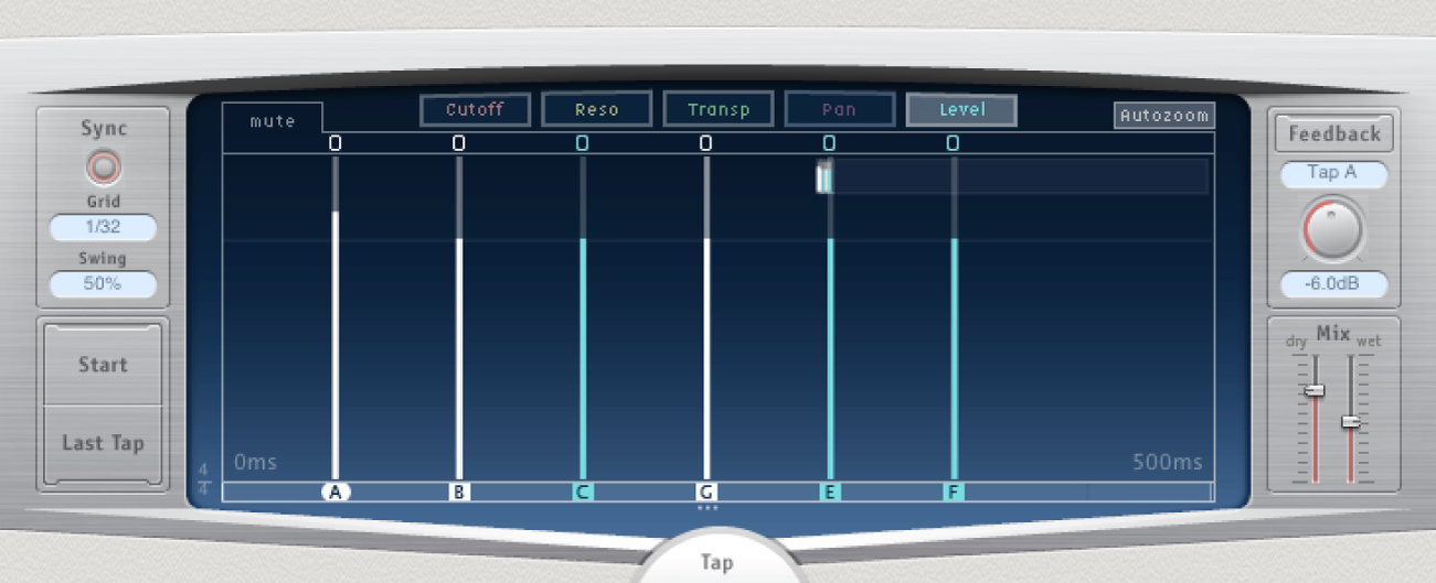 Die Tap-Anzeige von Delay Designer mit mehreren ausgewählten Taps