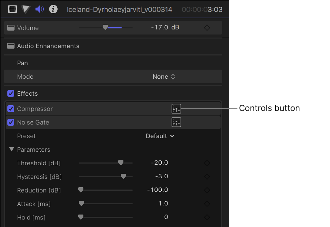 The Controls button for the Compressor effect in the Effects section of the Audio inspector.