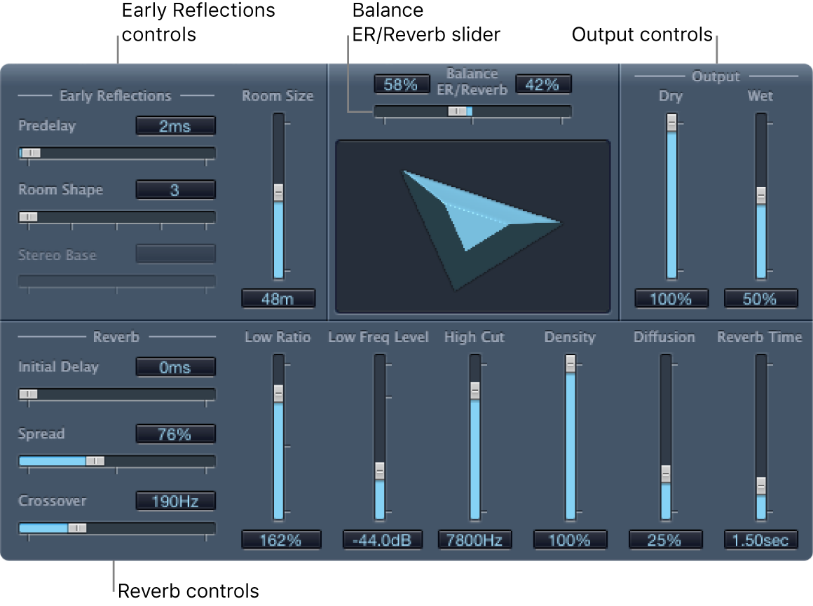 Ventana PlatinumVerb, con varias áreas de controles.