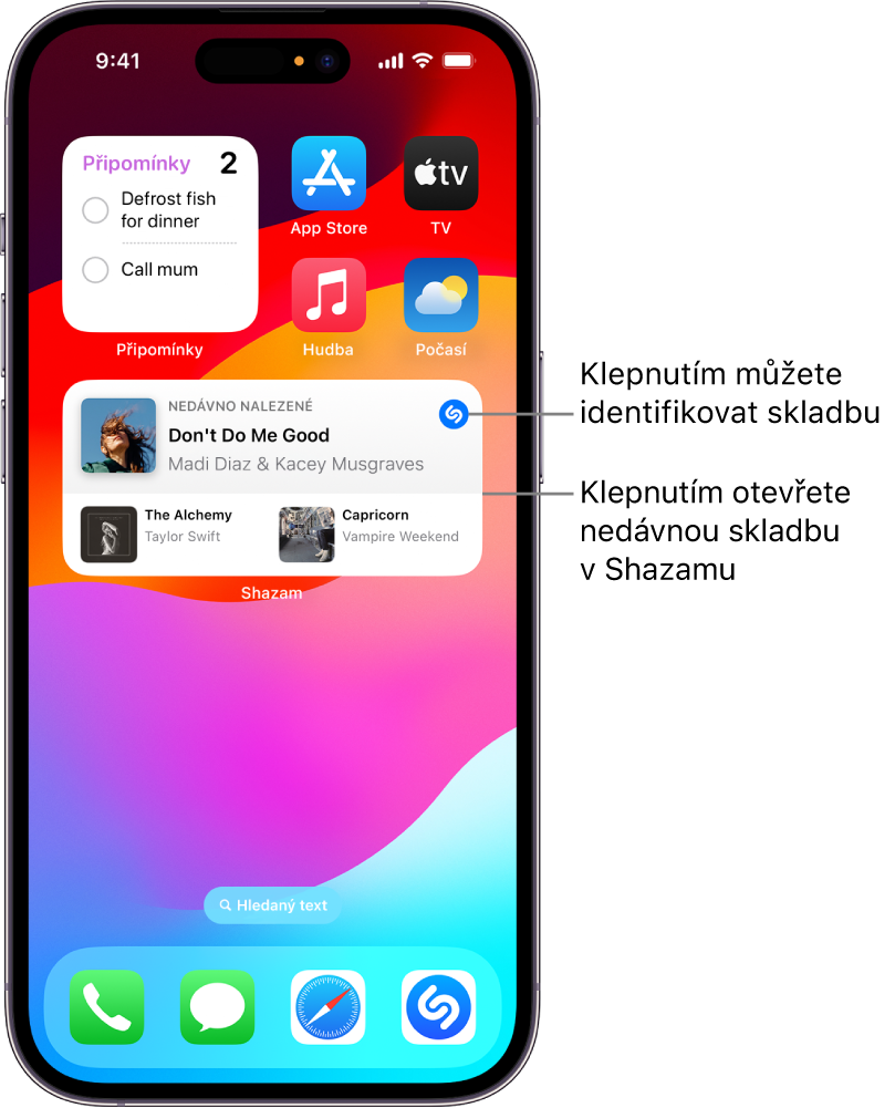 Widget Shazam v zobrazení dnešního dne na iPhonu