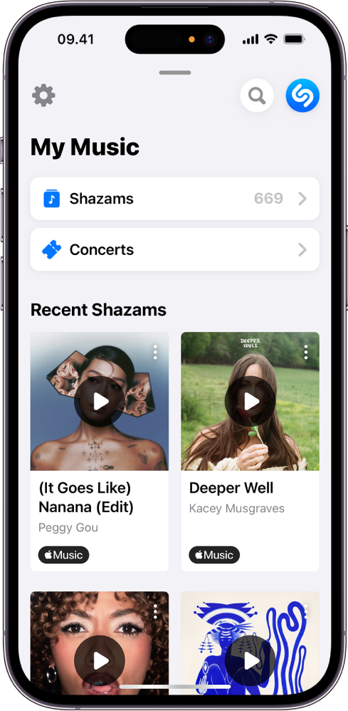 Skærmen My Music (Min musik), der viser en gruppe sange, som blev identificeret ved hjælp af Auto Shazam