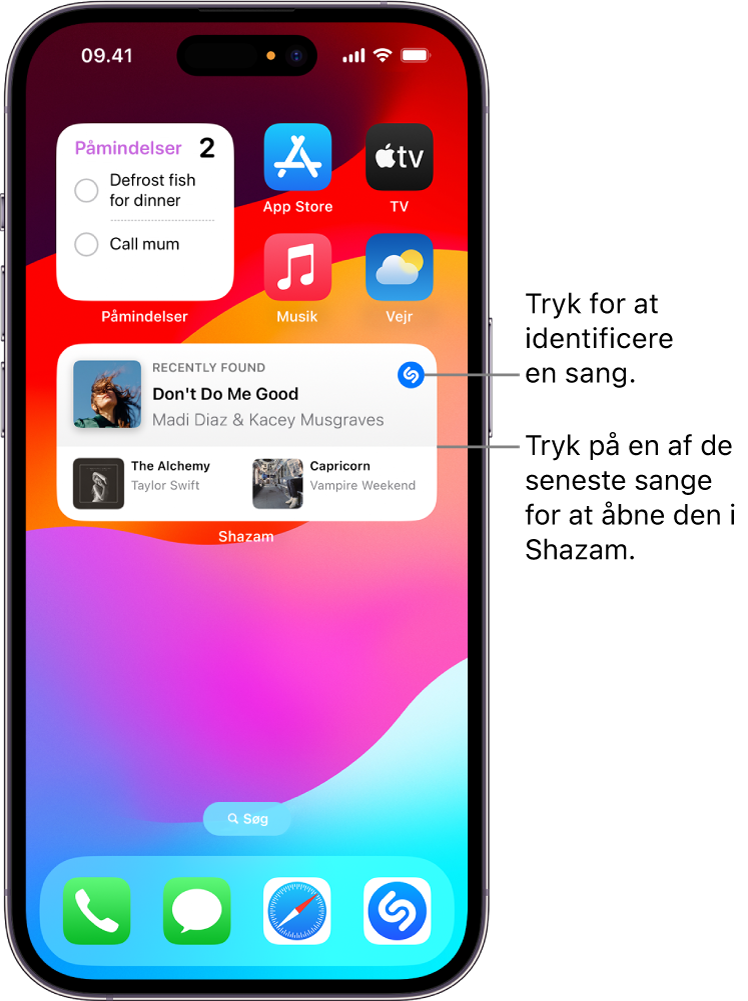 Dagsoversigt på iPhone med Shazam-widgetten