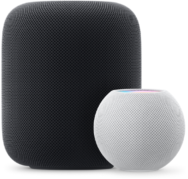 Εικόνα ενός μαύρου HomePod και ενός λευκού HomePod mini