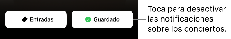 La guía de conciertos de Shazam muestra el botón Guardado con una marca de verificación que indica que está activado