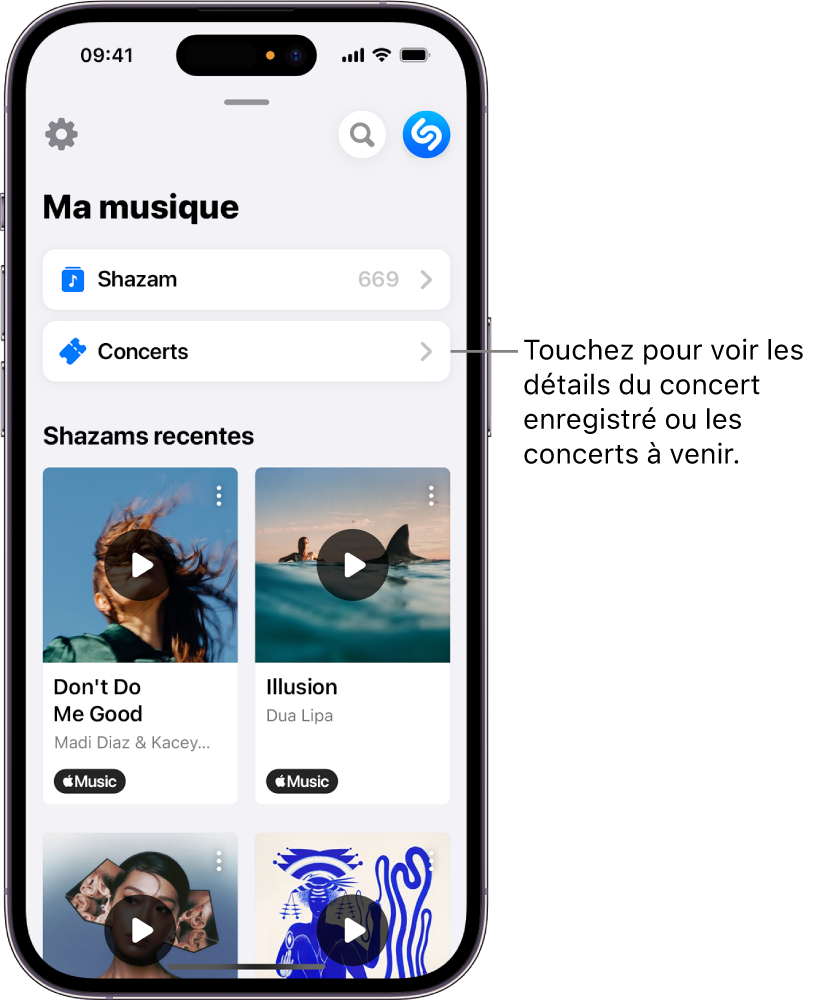 Page Ma musique de Shazam affichant le bouton Concerts