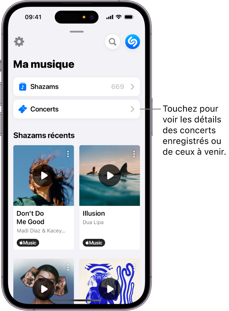 Page Ma musique de Shazam affichant le bouton Concerts