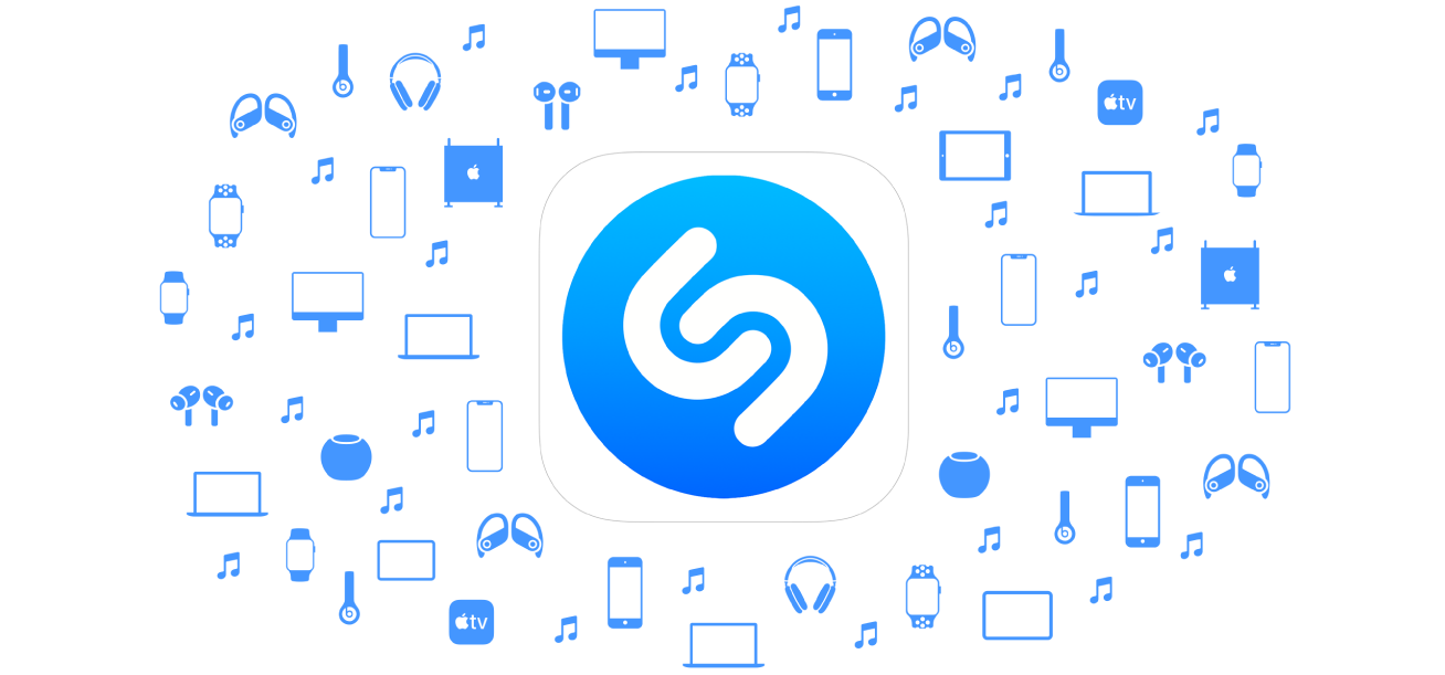 Logo dell’app Shazam circondato da icone di dispositivi Apple.