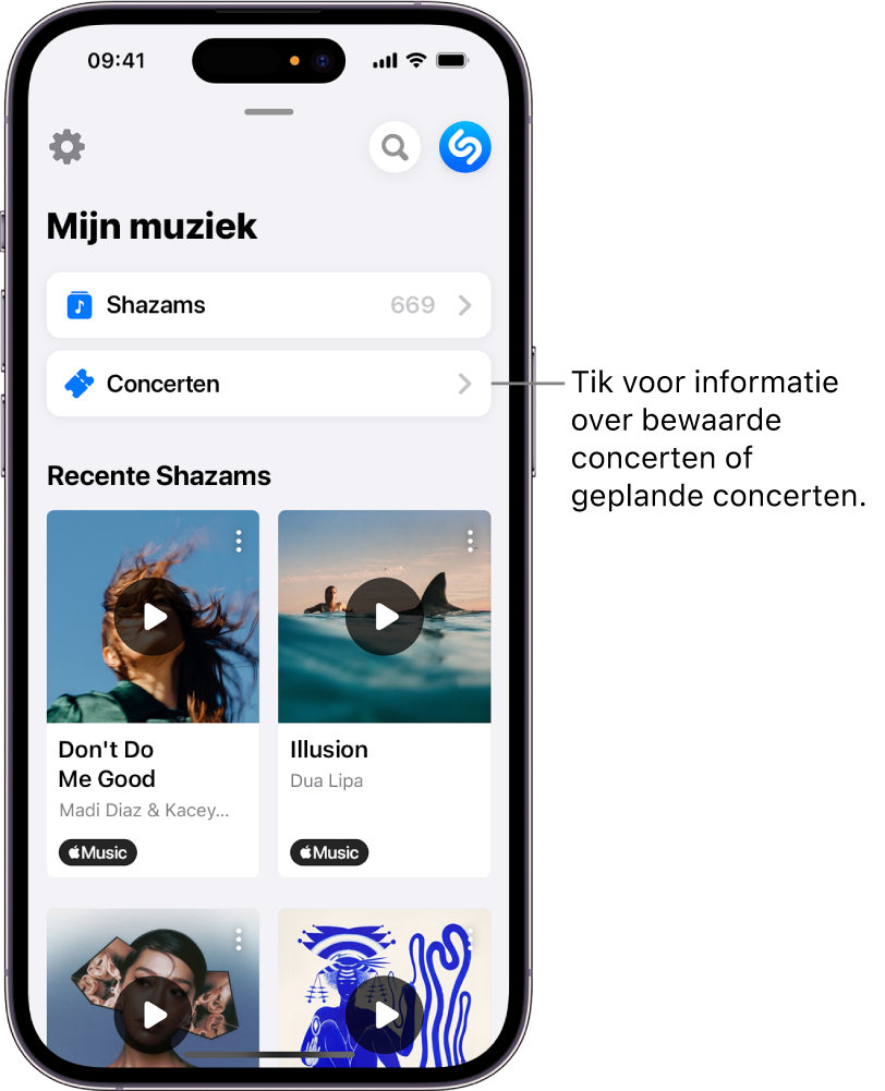 De 'Mijn muziek'-pagina in Shazam met de knop 'Concerten'.