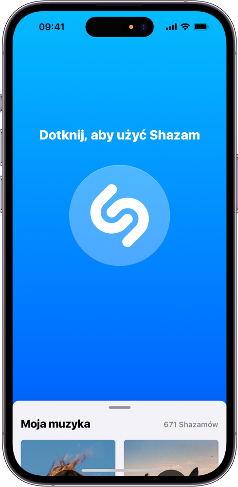 Główny ekran aplikacji Shazam, zawierający przycisk Shazam.