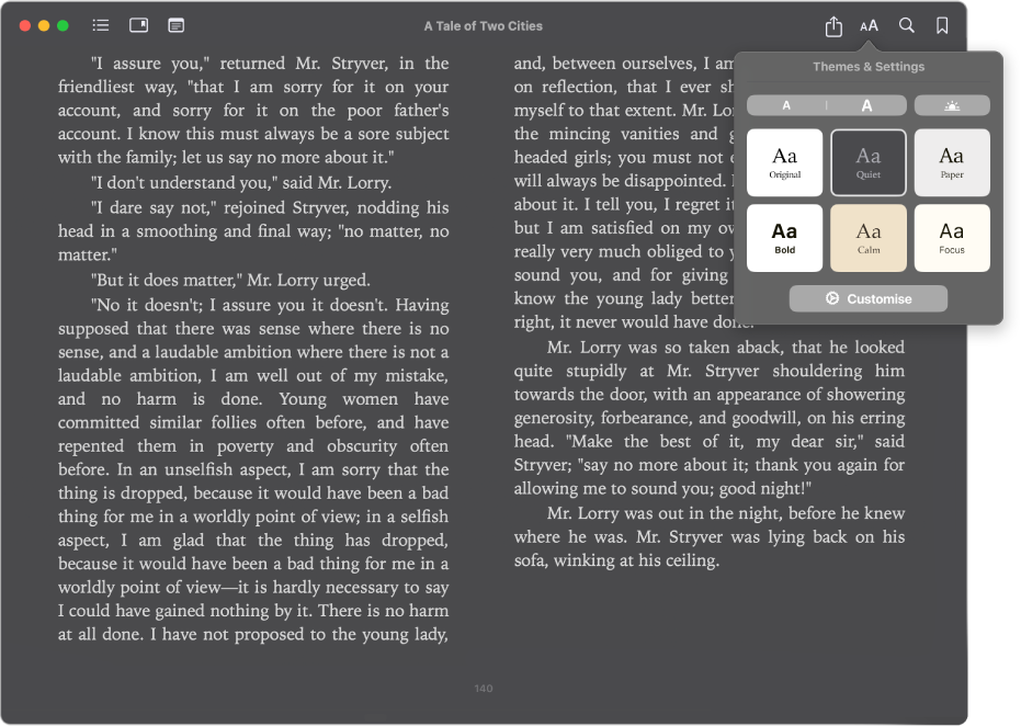 A book with a customised appearance and the Appearance menu showing the selected text size, background colour and font.