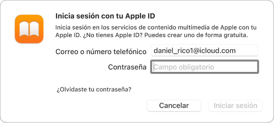 El cuadro de diálogo para iniciar sesión en Apple Books usando un Apple ID y contraseña.