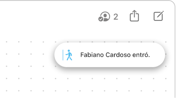La esquina superior derecha de un pizarrón de Freeform. La notificación muestra cuándo entró un participante.