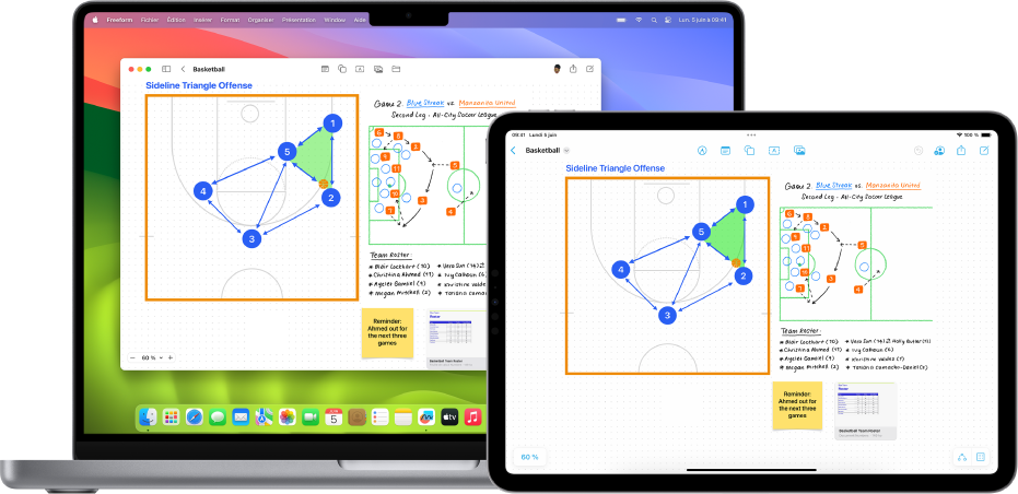 App Freeform ouverte sur un Mac à gauche et le même tableau affiché sur un iPad à droite.